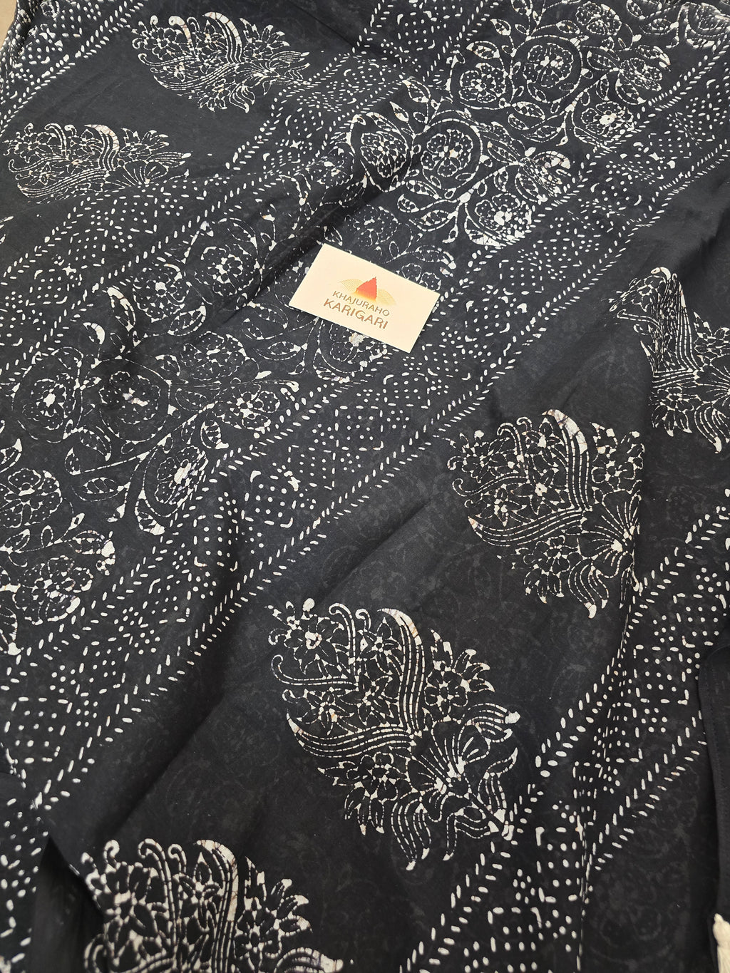 Handcrafted Batik Mul Cotton Saree - Black Floral