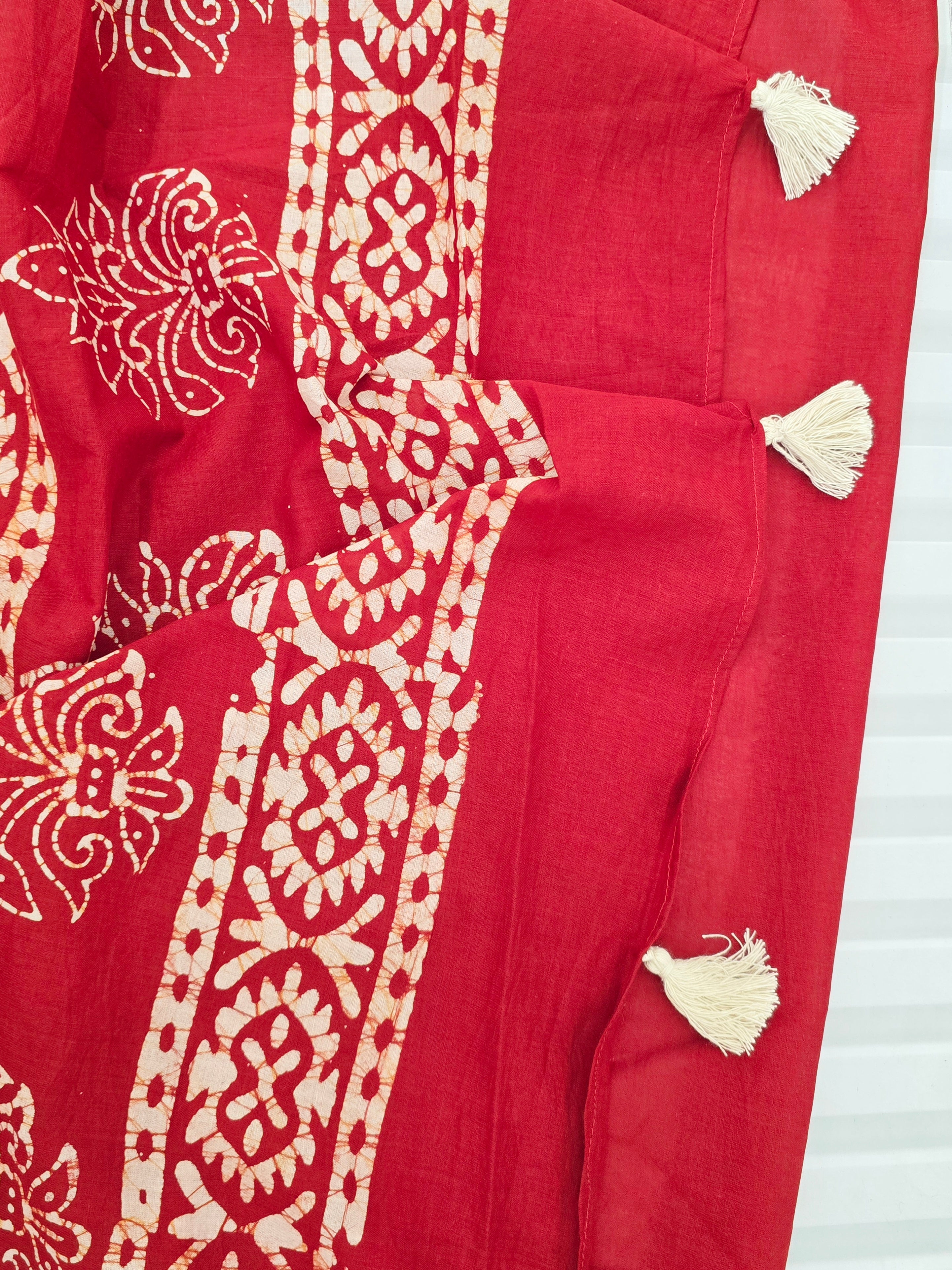 Handcrafted Batik Mul Cotton Saree - Rustic Red