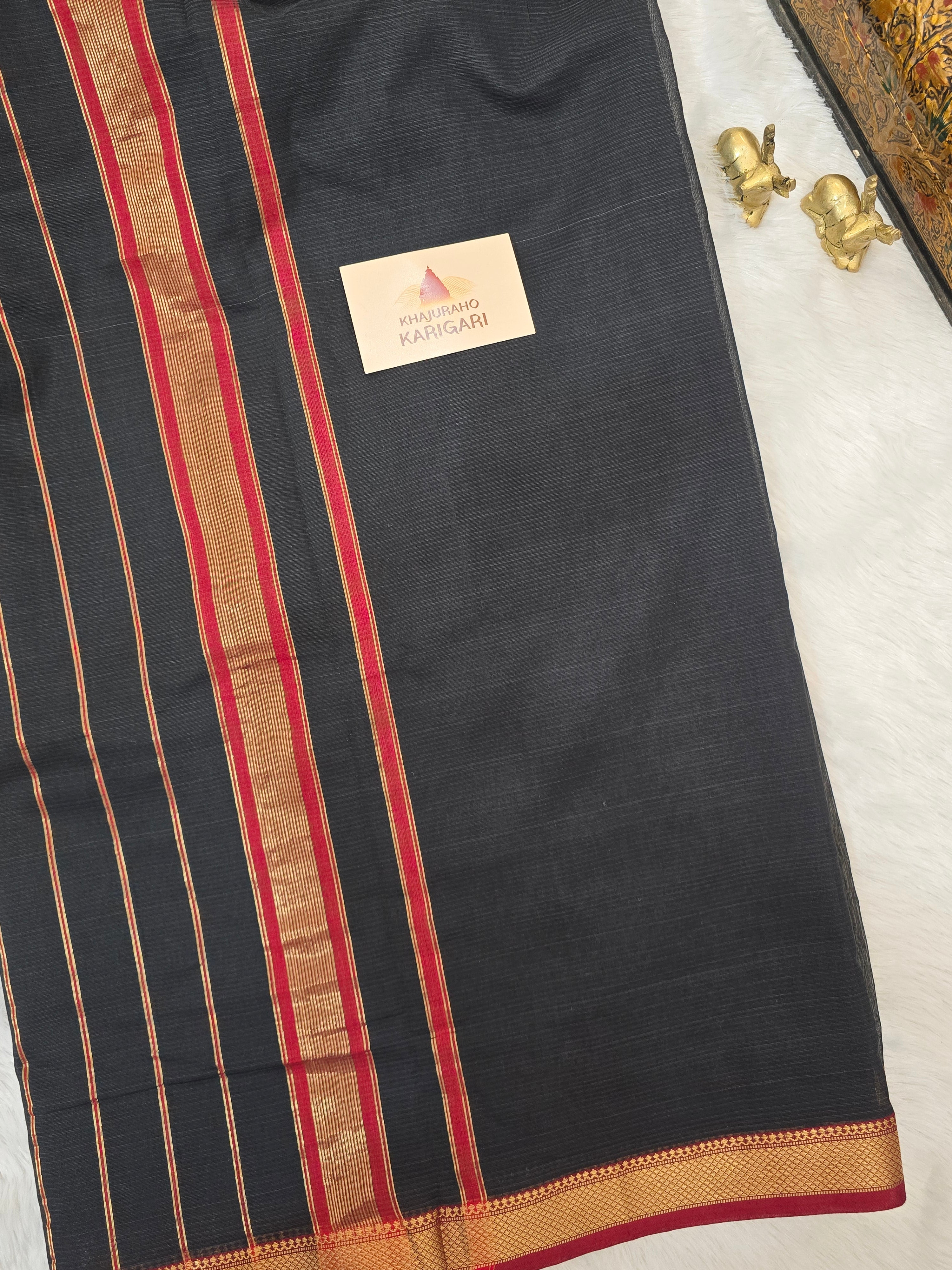 Pure Handwoven Maheshwari Silk Cotton Saree - Black with Red & Gold Zari Border