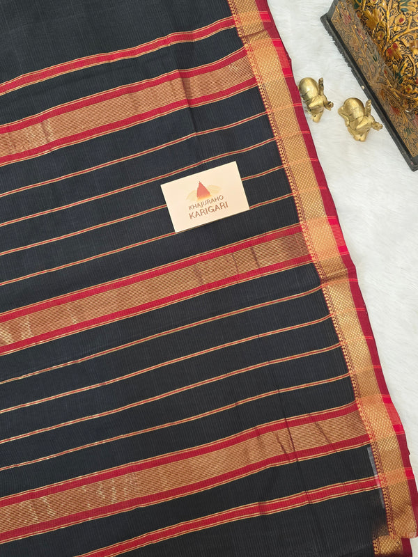Pure Handwoven Maheshwari Silk Cotton Saree - Black with Red & Gold Zari Border