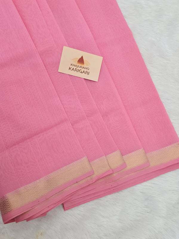 Pure Handwoven Maheshwari Silk Cotton Saree - Pink with Gold Zari Border