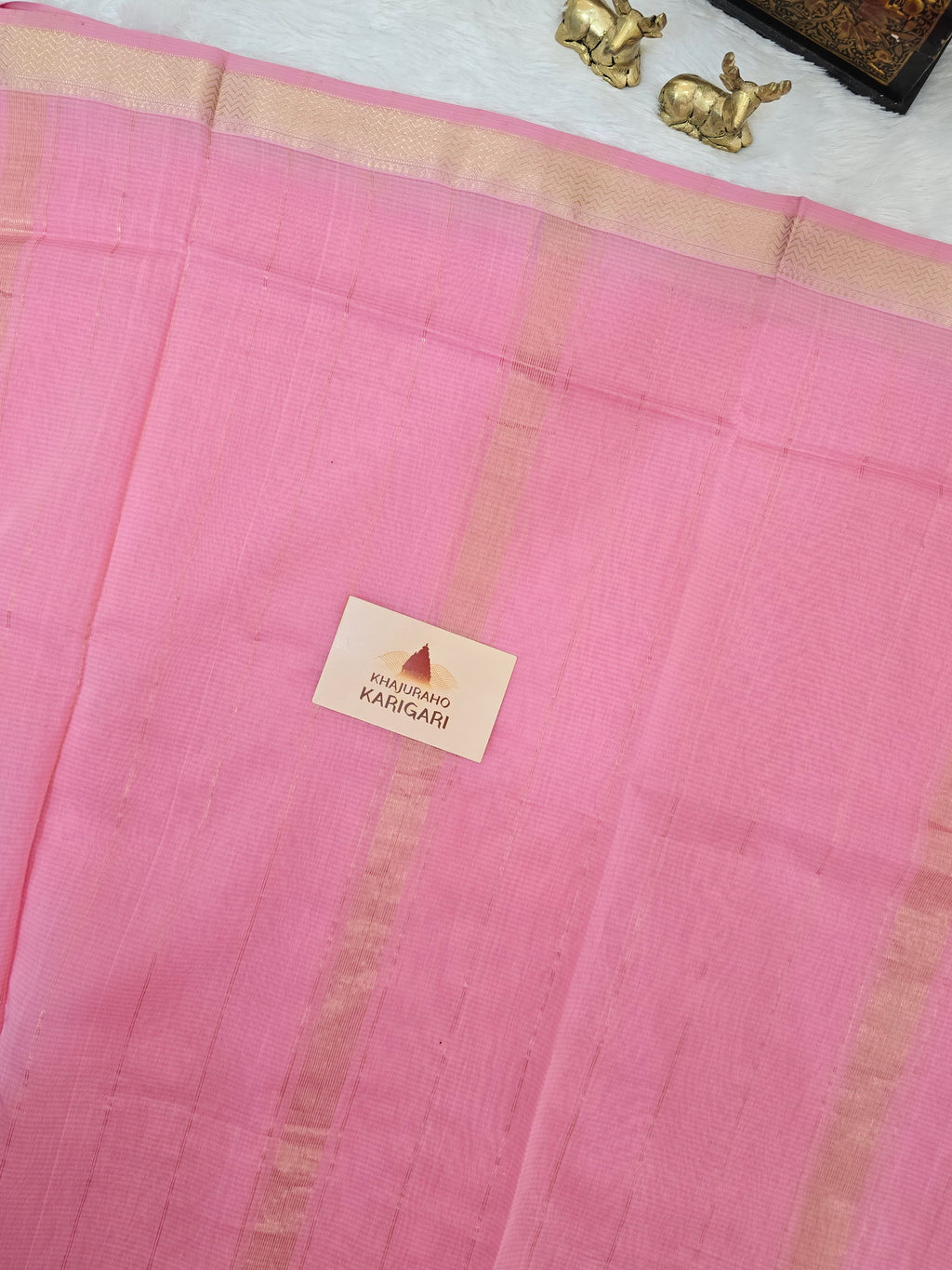 Pure Handwoven Maheshwari Silk Cotton Saree - Pink with Gold Zari Border