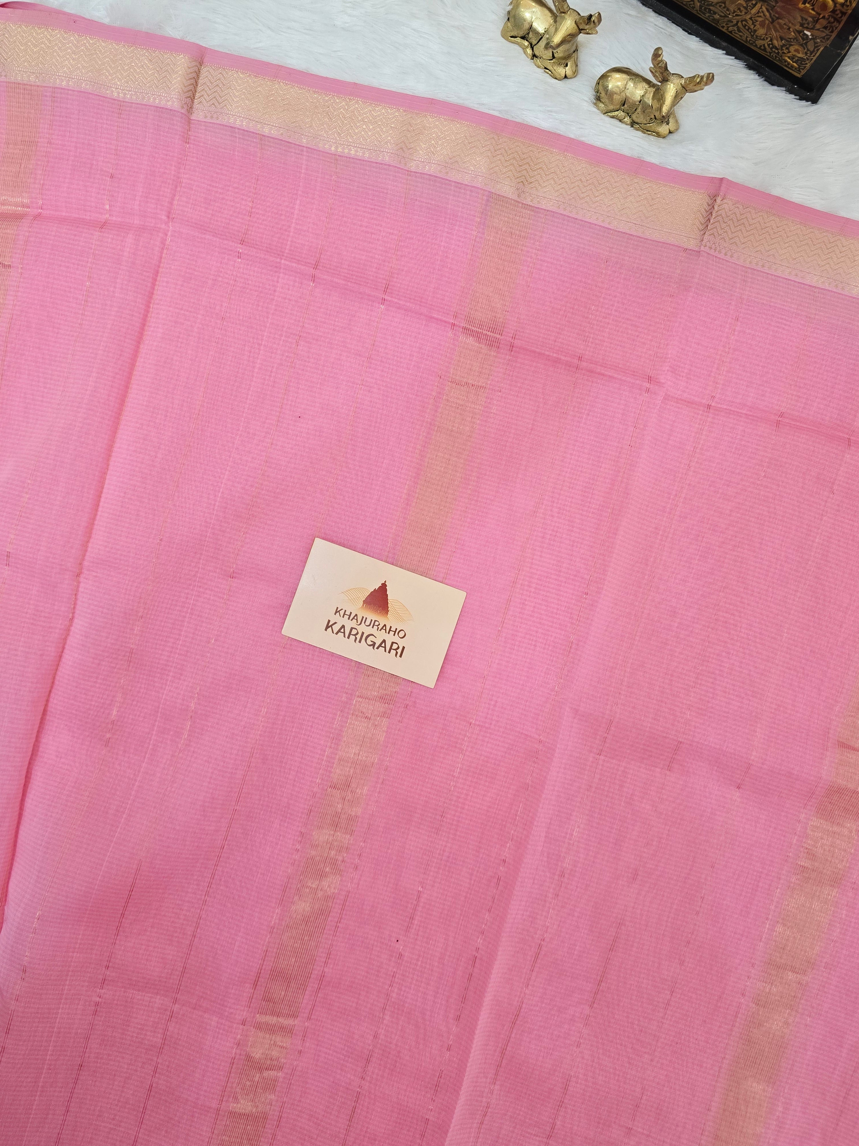 Pure Handwoven Maheshwari Silk Cotton Saree - Pink with Gold Zari Border