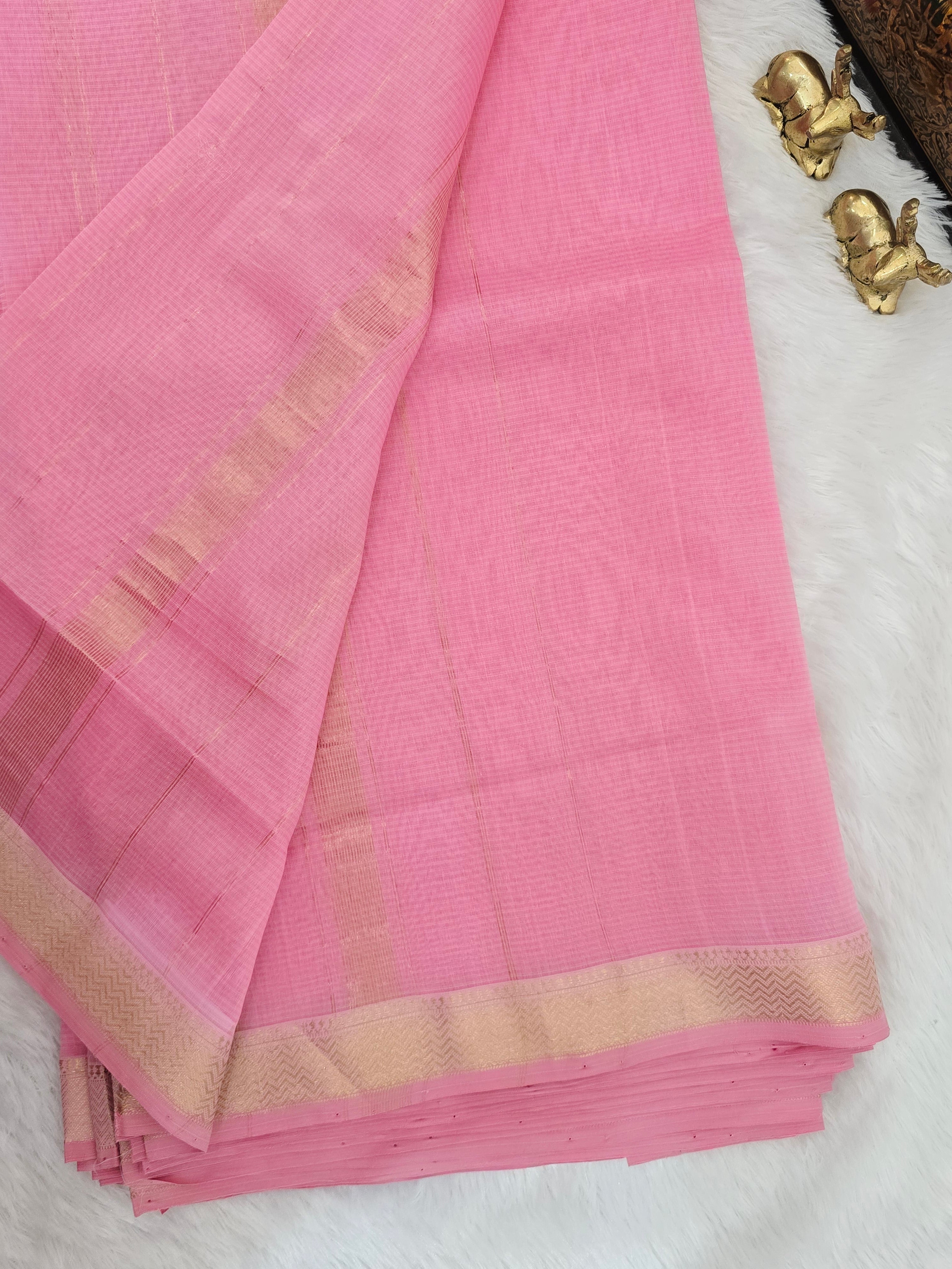 Pure Handwoven Maheshwari Silk Cotton Saree - Pink with Gold Zari Border