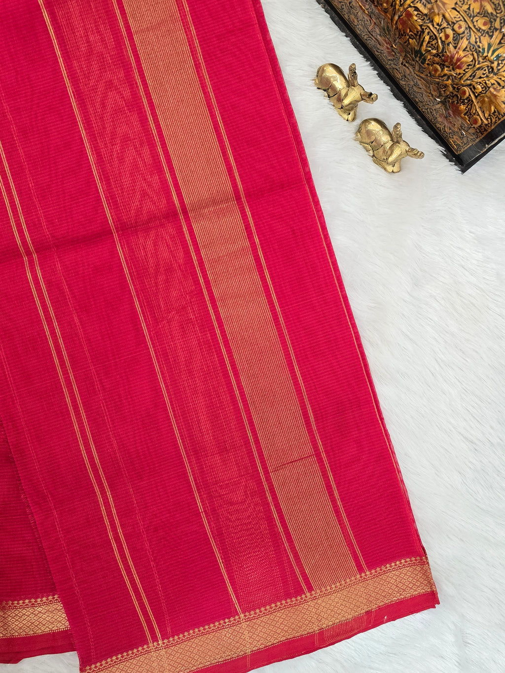 Pure Handwoven Maheshwari Silk Cotton Saree  - Red with Gold Zari Border