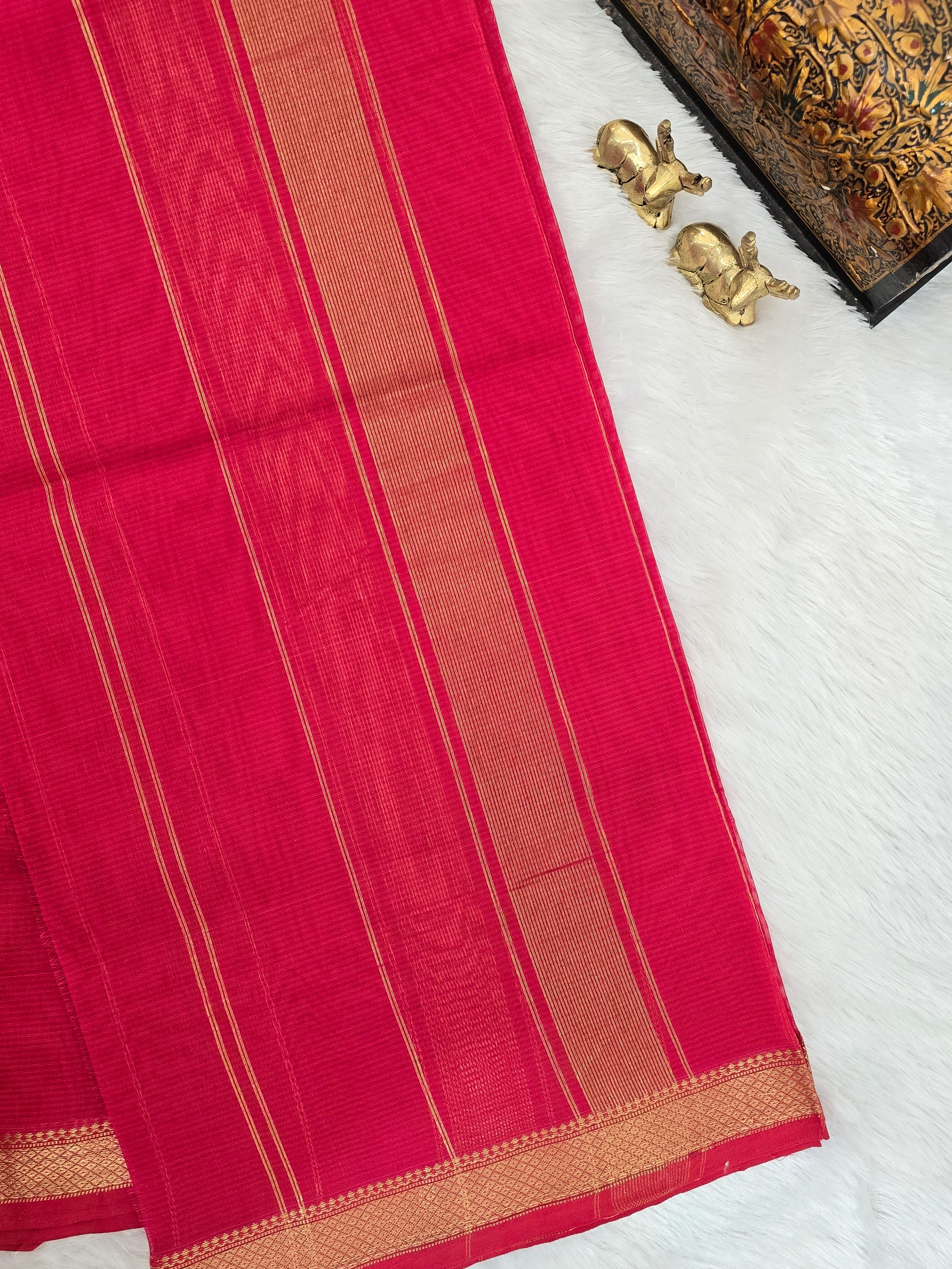 Pure Handwoven Maheshwari Silk Cotton Saree  - Red with Gold Zari Border