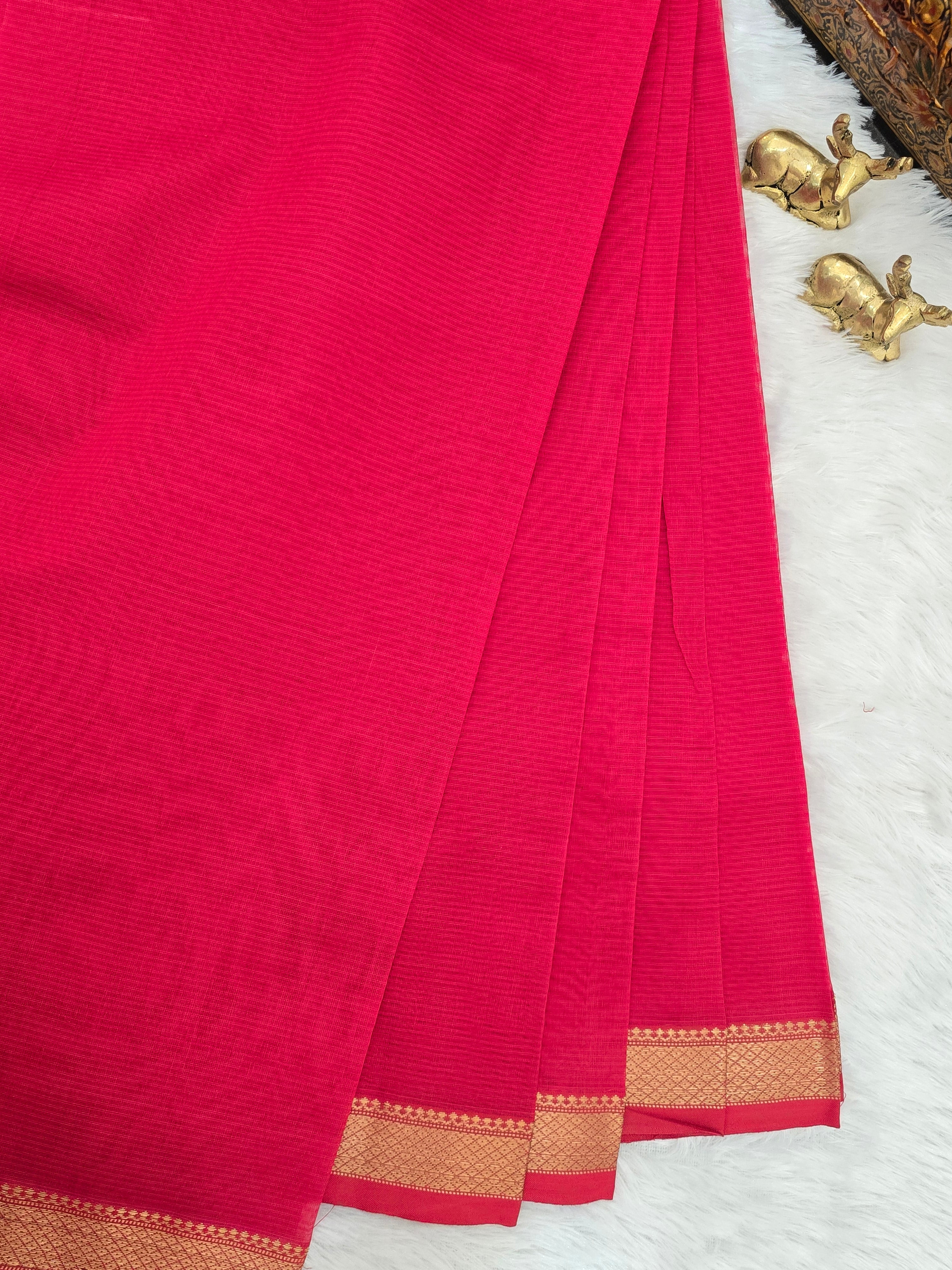 Pure Handwoven Maheshwari Silk Cotton Saree  - Red with Gold Zari Border