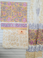 Handblock Printed Mul Cotton Dress Material Set - Yellow Floral