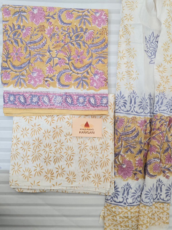 Handblock Printed Mul Cotton Dress Material Set - Yellow Floral