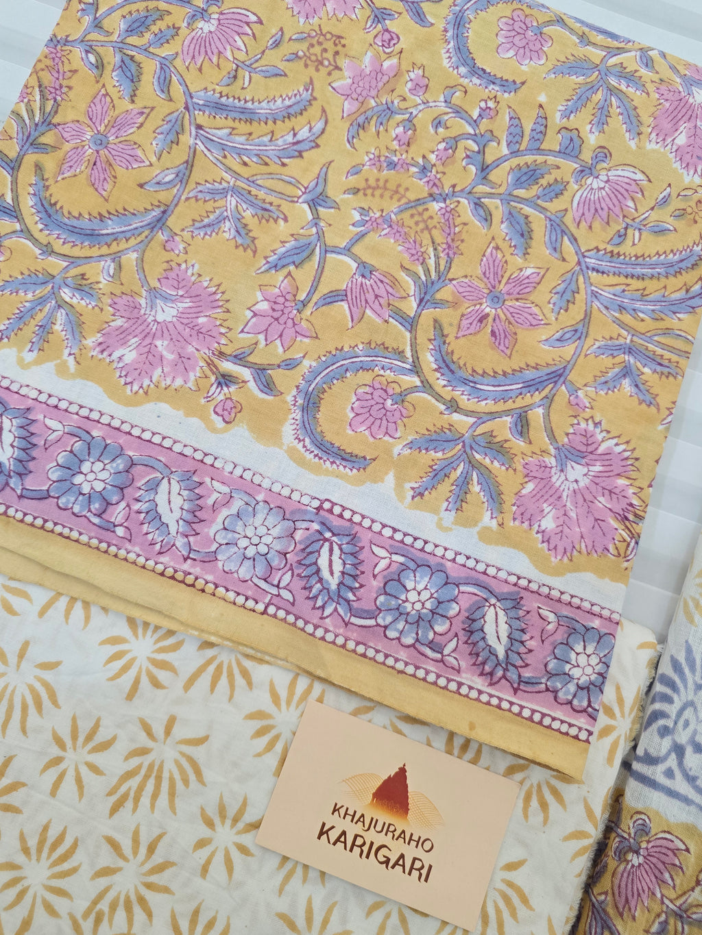 Handblock Printed Mul Cotton Dress Material Set - Yellow Floral