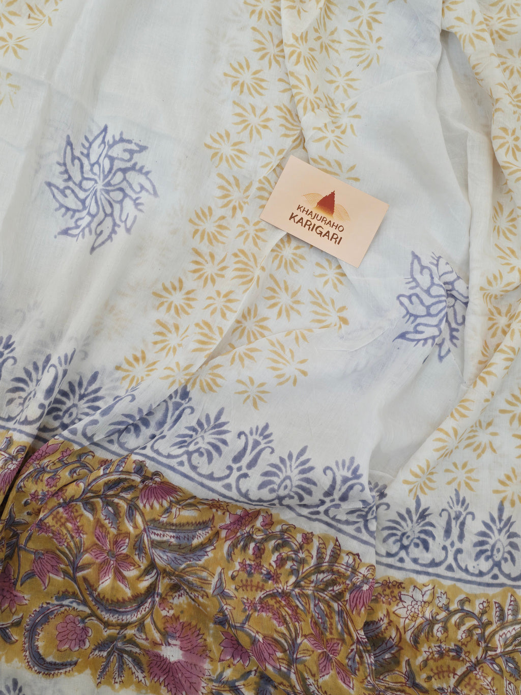 Handblock Printed Mul Cotton Dress Material Set - Yellow Floral