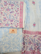 Handblock Printed Mul Cotton Dress Material Set - Pink Blue Floral
