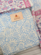 Handblock Printed Mul Cotton Dress Material Set - Pink Blue Floral