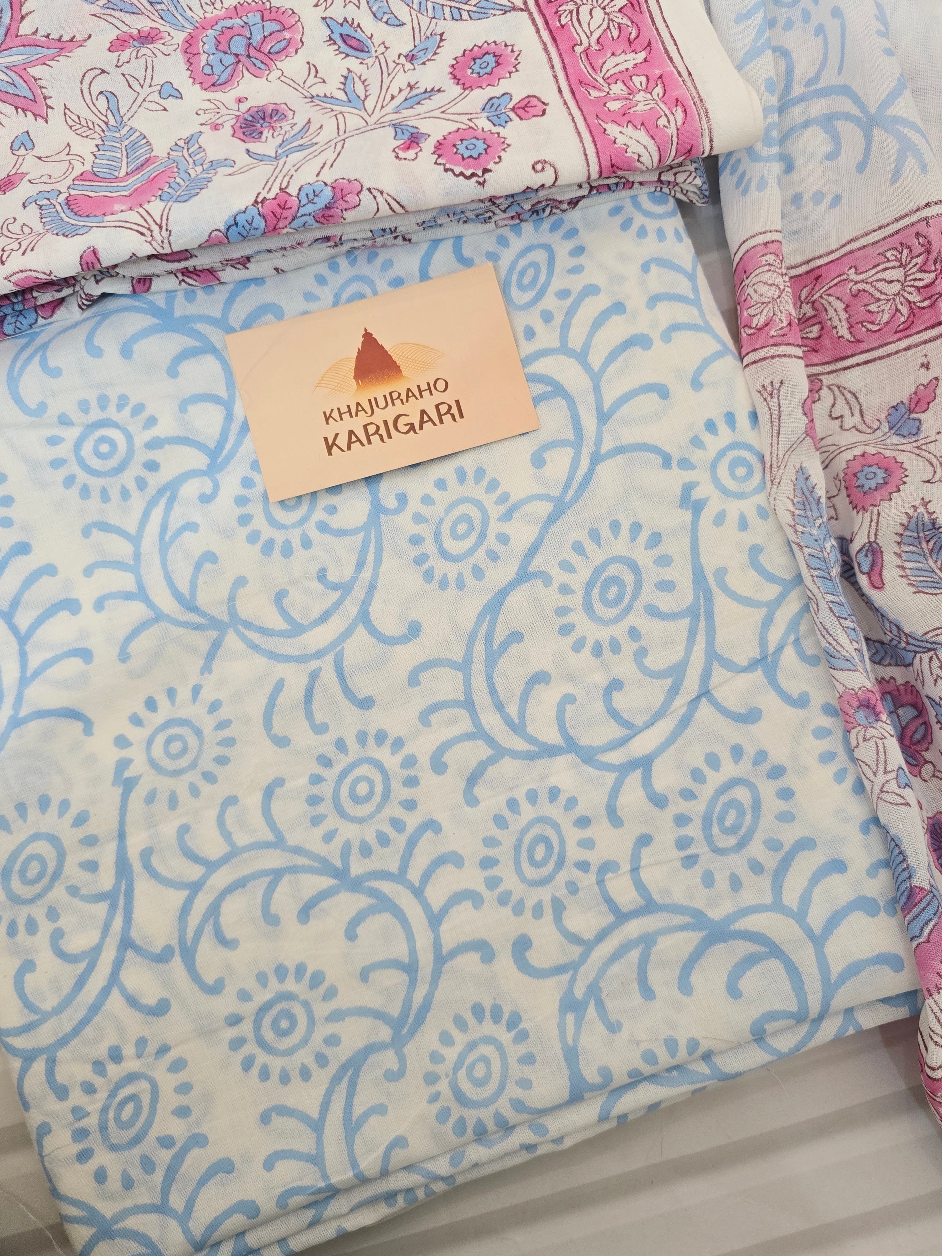 Handblock Printed Mul Cotton Dress Material Set - Pink Blue Floral