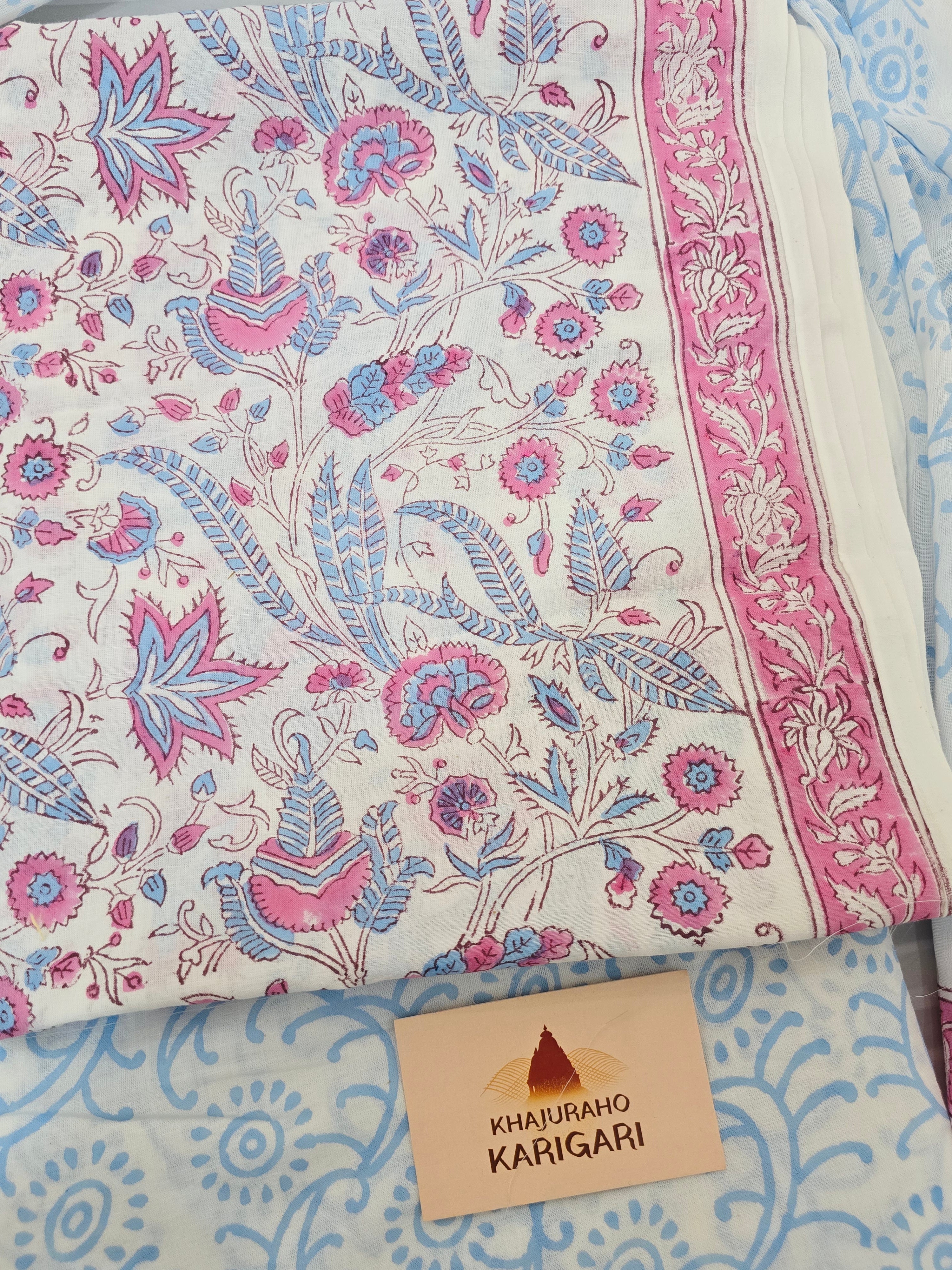 Handblock Printed Mul Cotton Dress Material Set - Pink Blue Floral
