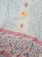 Handblock Printed Mul Cotton Dress Material Set - Pink Blue Floral