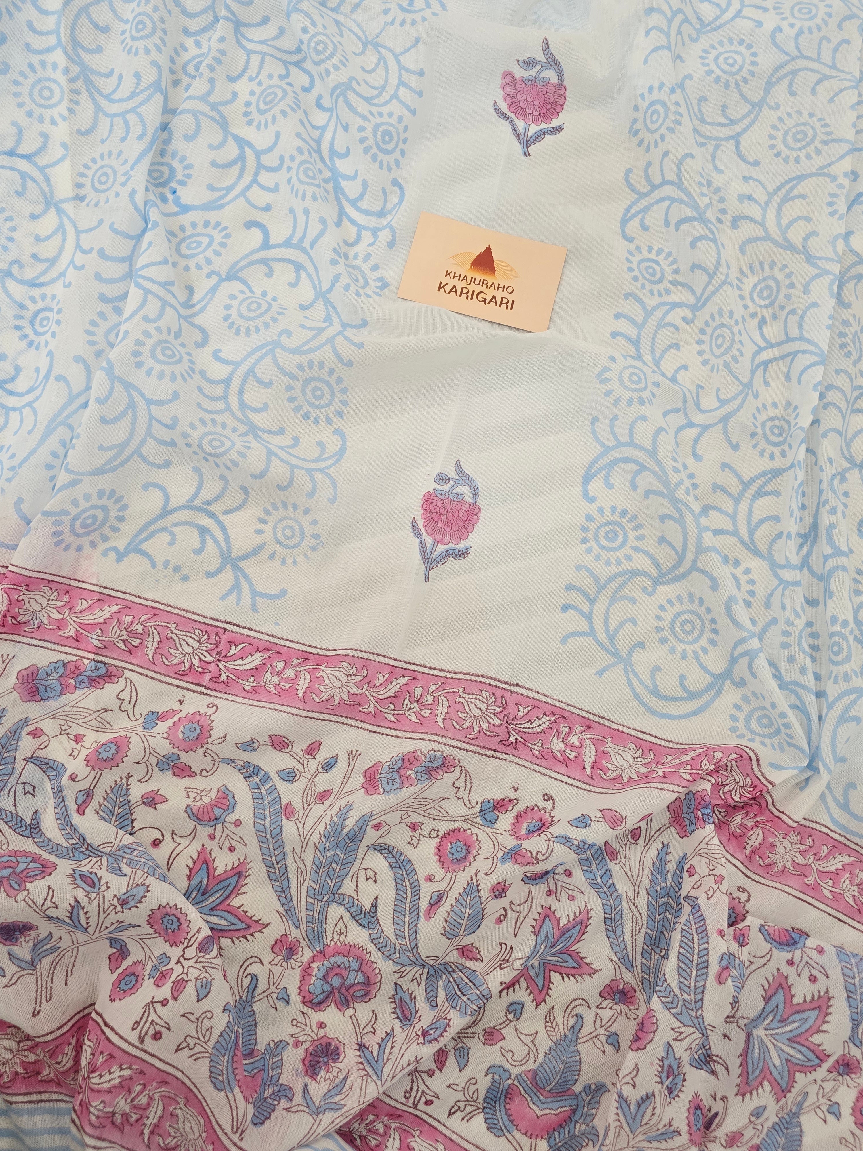 Handblock Printed Mul Cotton Dress Material Set - Pink Blue Floral