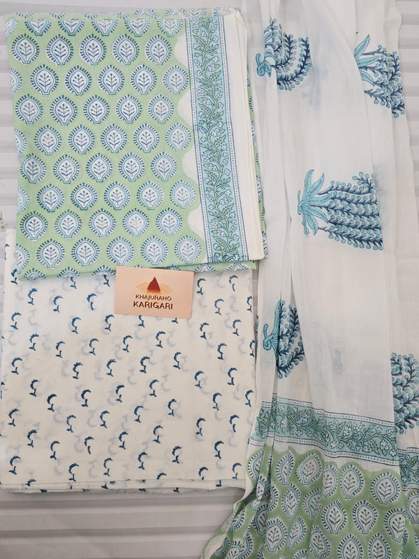 Handblock Printed Mul Cotton Dress Material Set