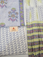 Handblock Printed Mul Cotton Dress Material Set - Stripe Floral