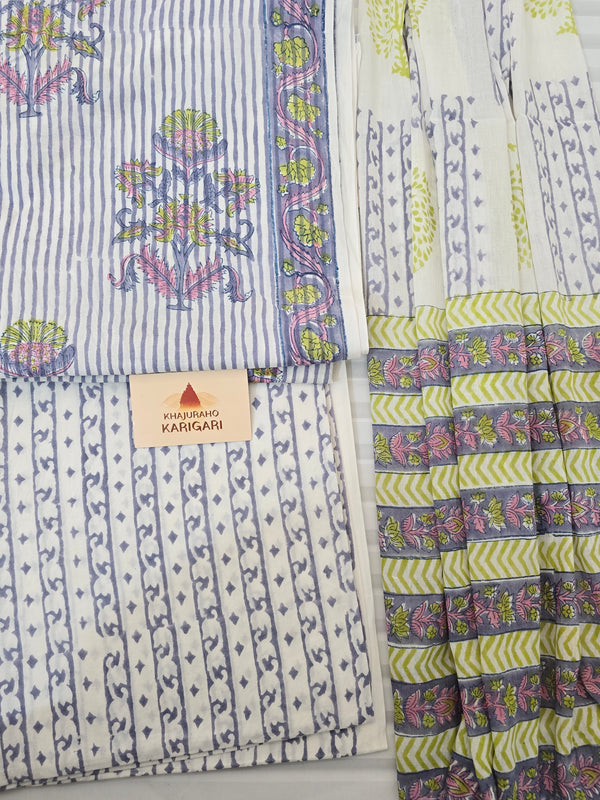 Handblock Printed Mul Cotton Dress Material Set - Stripe Floral