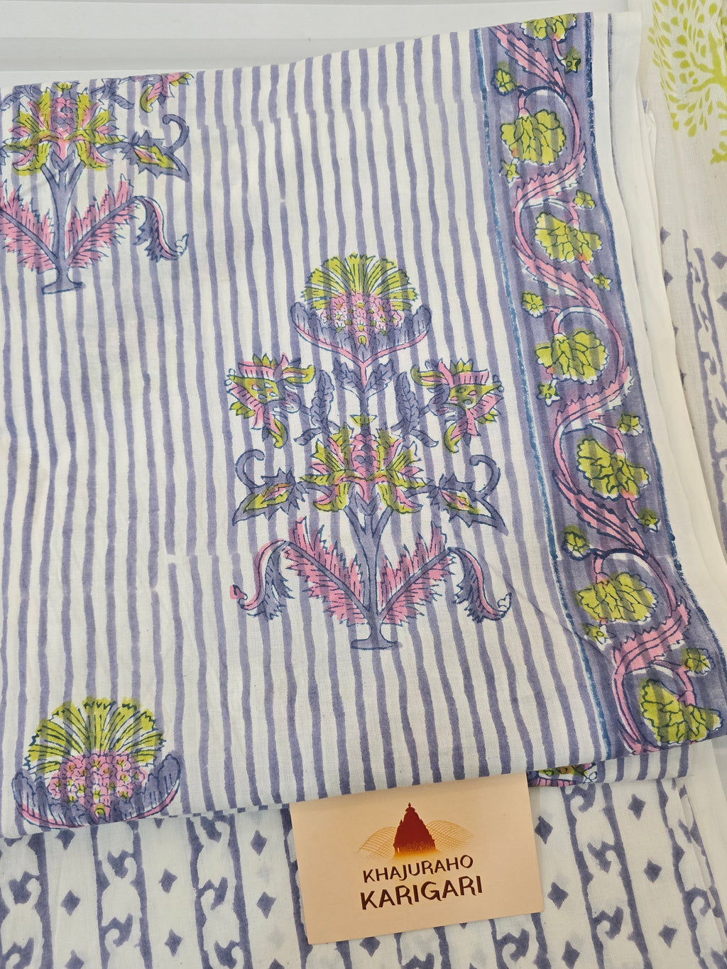 Handblock Printed Mul Cotton Dress Material Set - Stripe Floral