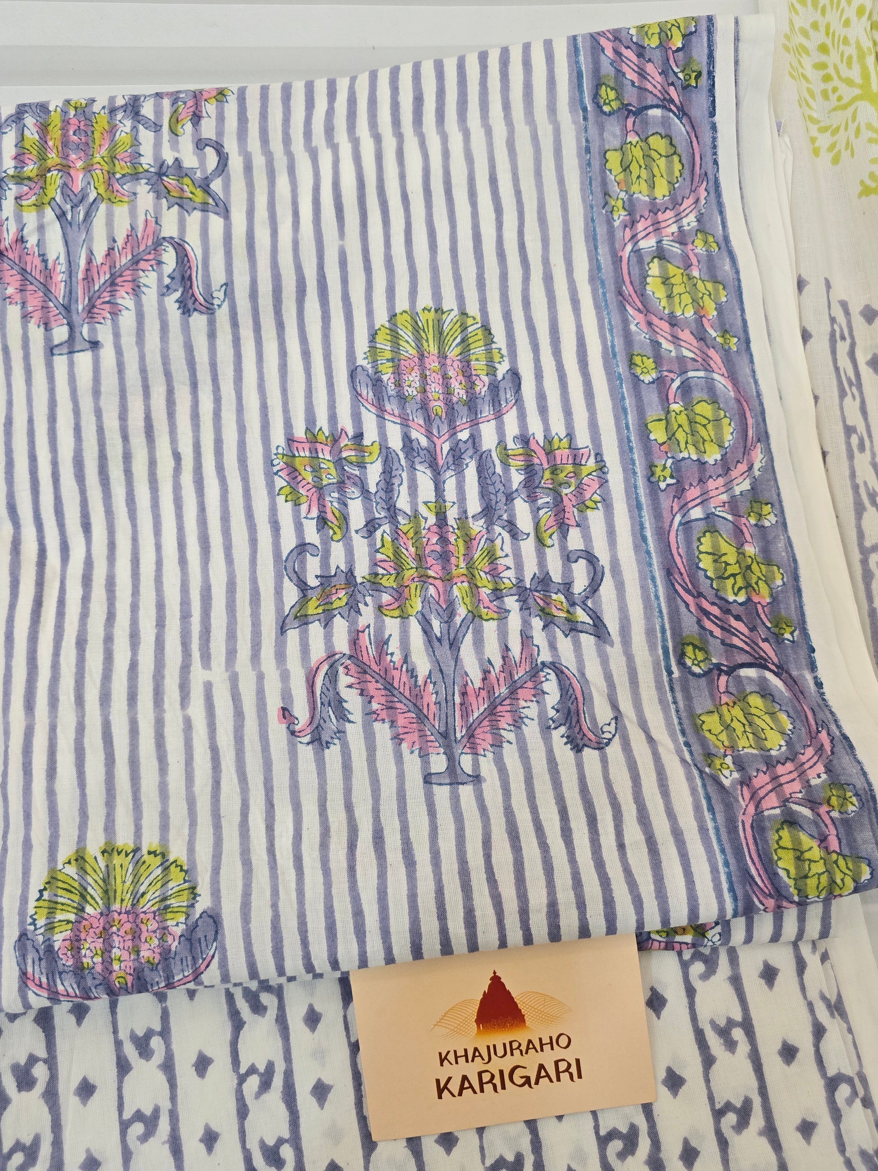 Handblock Printed Mul Cotton Dress Material Set - Stripe Floral