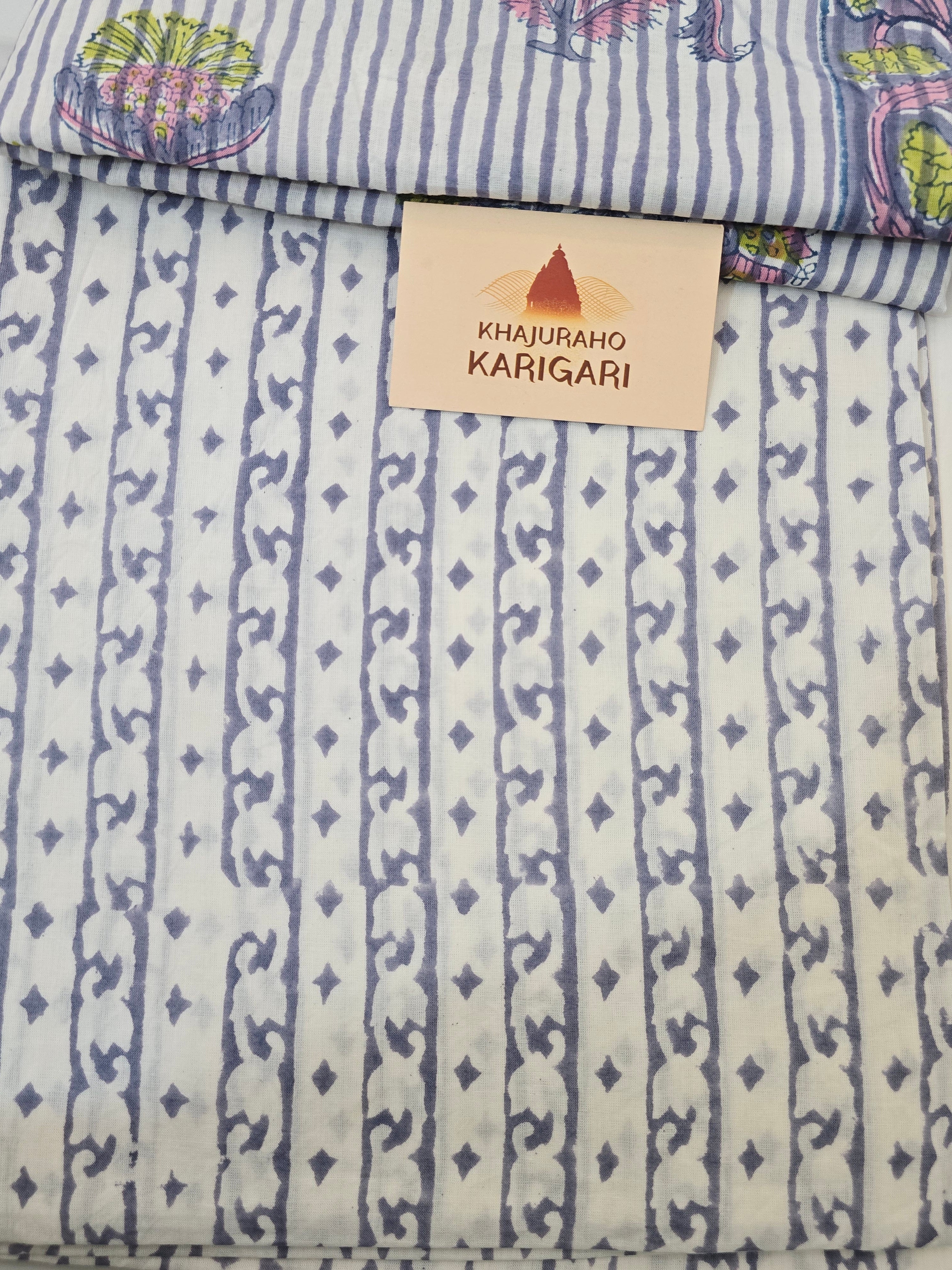 Handblock Printed Mul Cotton Dress Material Set - Stripe Floral
