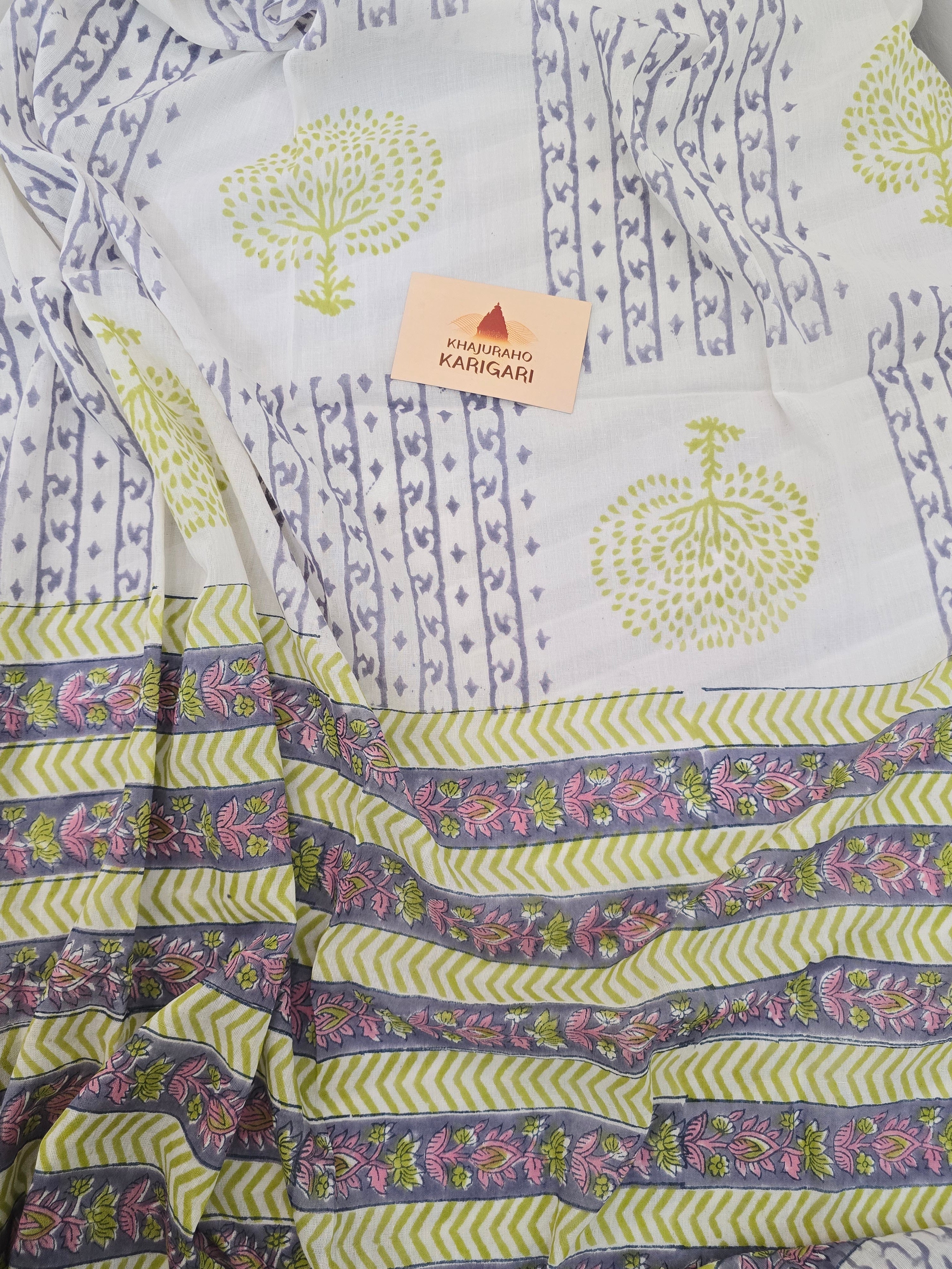 Handblock Printed Mul Cotton Dress Material Set - Stripe Floral