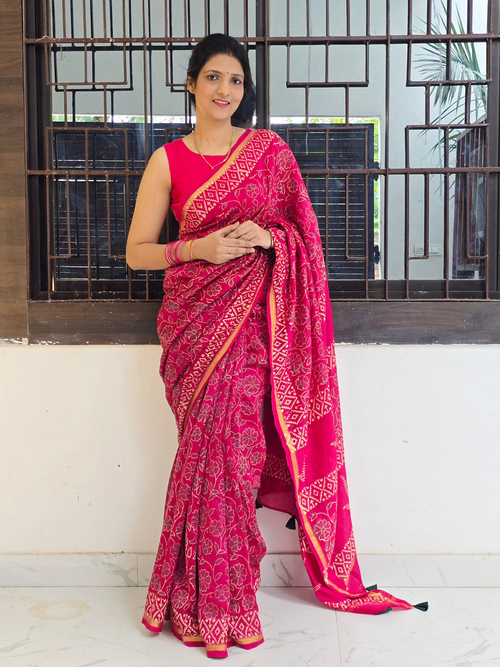Gulabi Chhap - Handblock Printed Chanderi Silk Cotton Saree