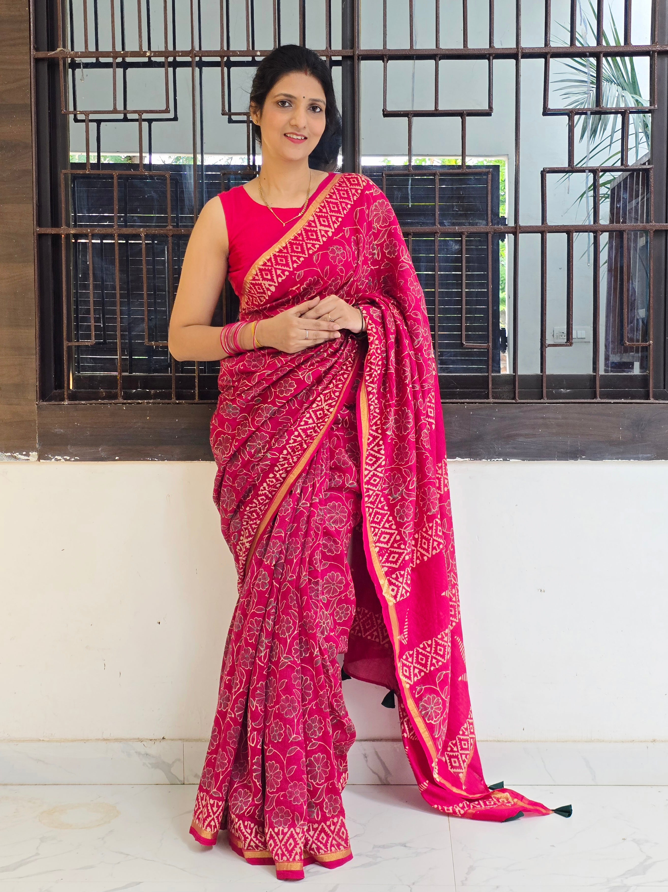 Gulabi Chhap - Handblock Printed Chanderi Silk Cotton Saree