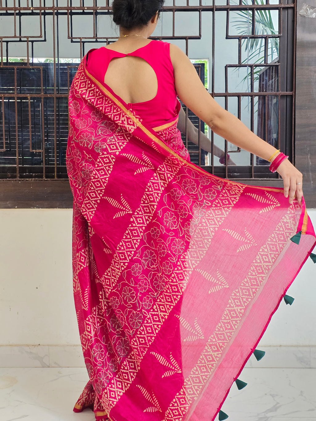 Gulabi Chhap - Handblock Printed Chanderi Silk Cotton Saree