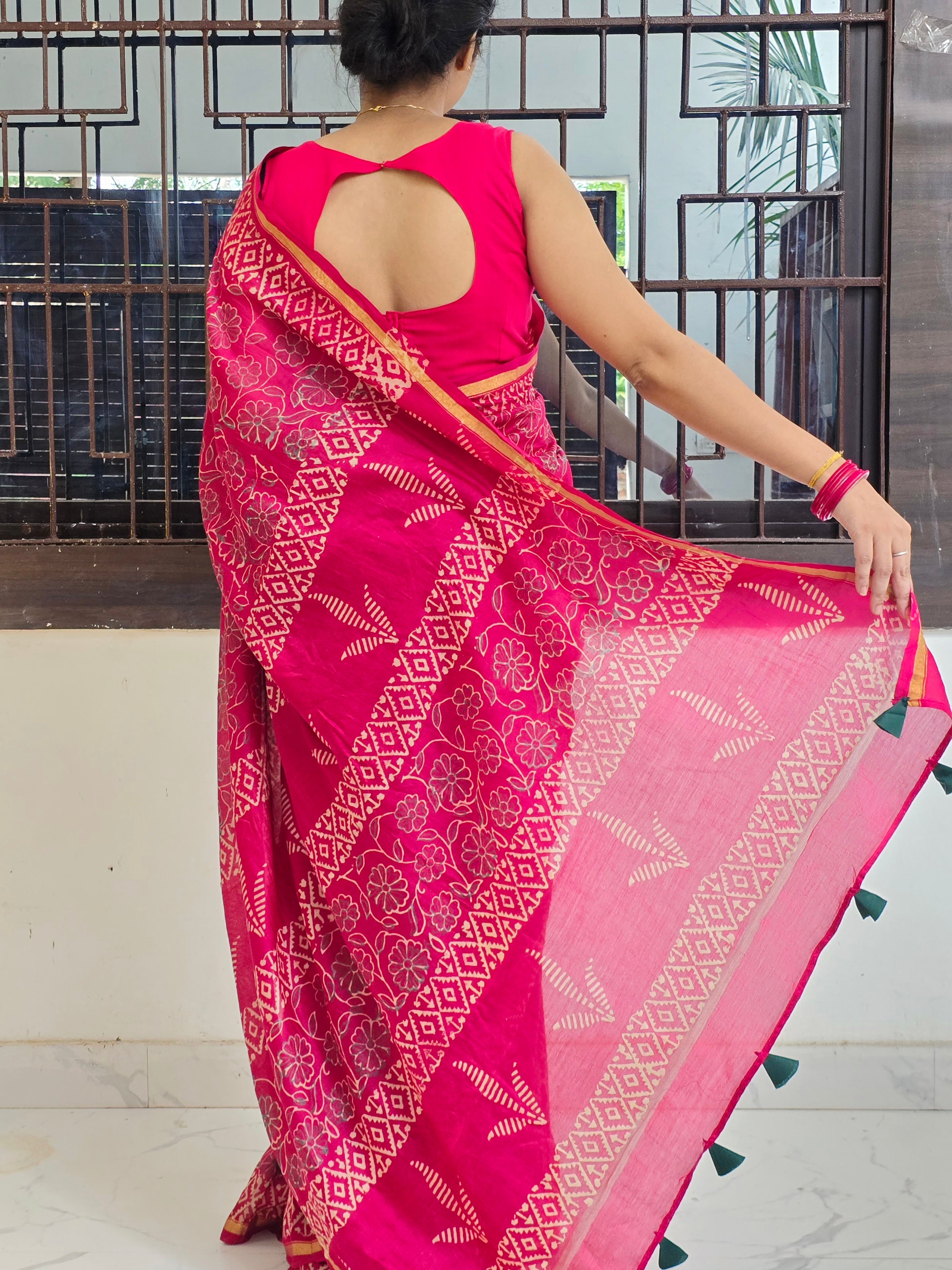Gulabi Chhap - Handblock Printed Chanderi Silk Cotton Saree