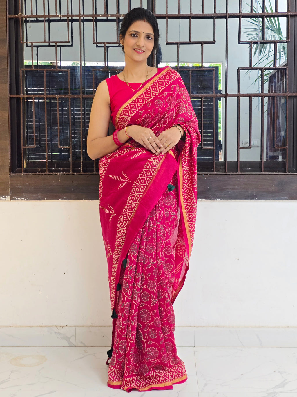 Gulabi Chhap - Handblock Printed Chanderi Silk Cotton Saree