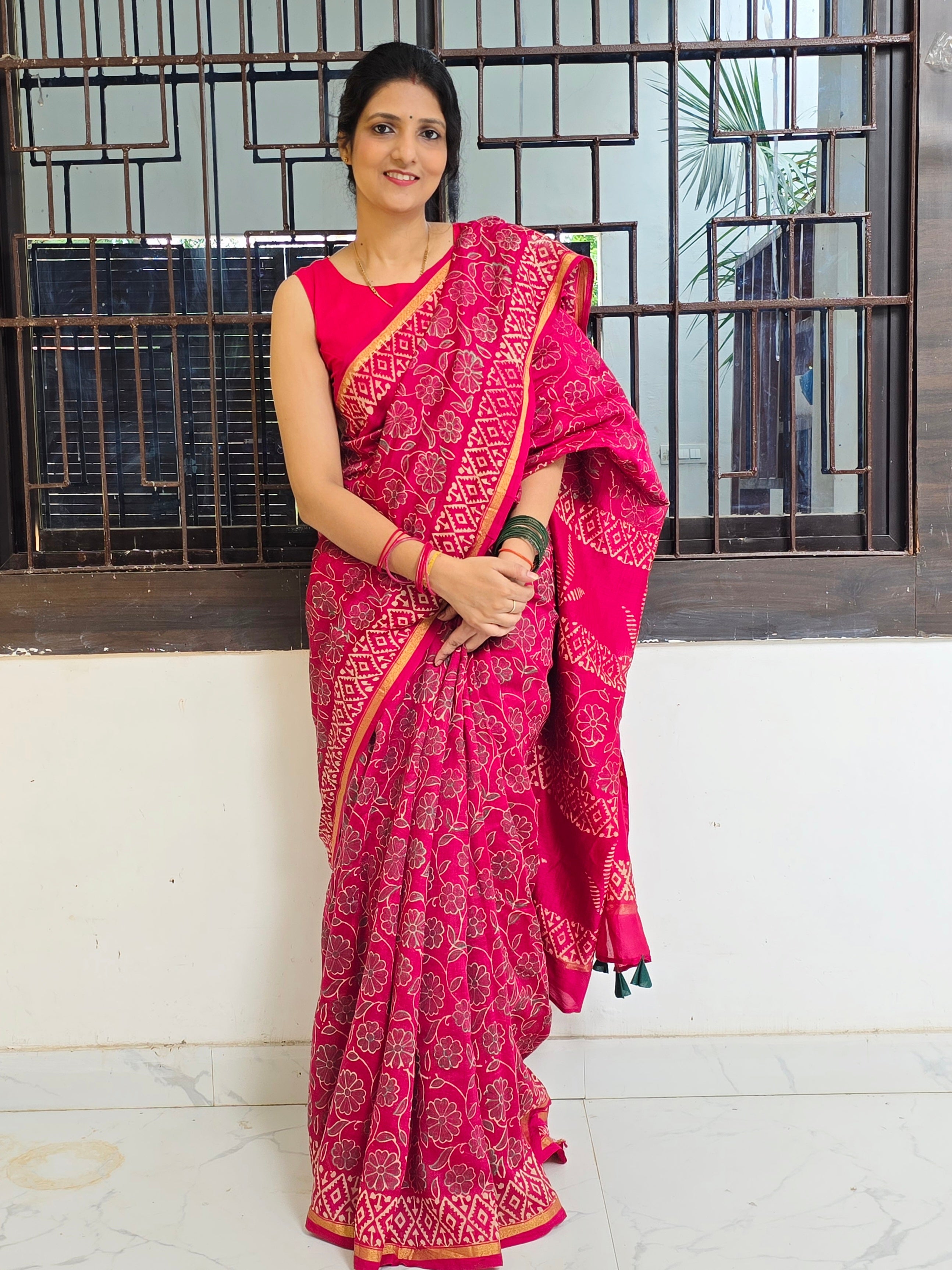 Gulabi Chhap - Handblock Printed Chanderi Silk Cotton Saree