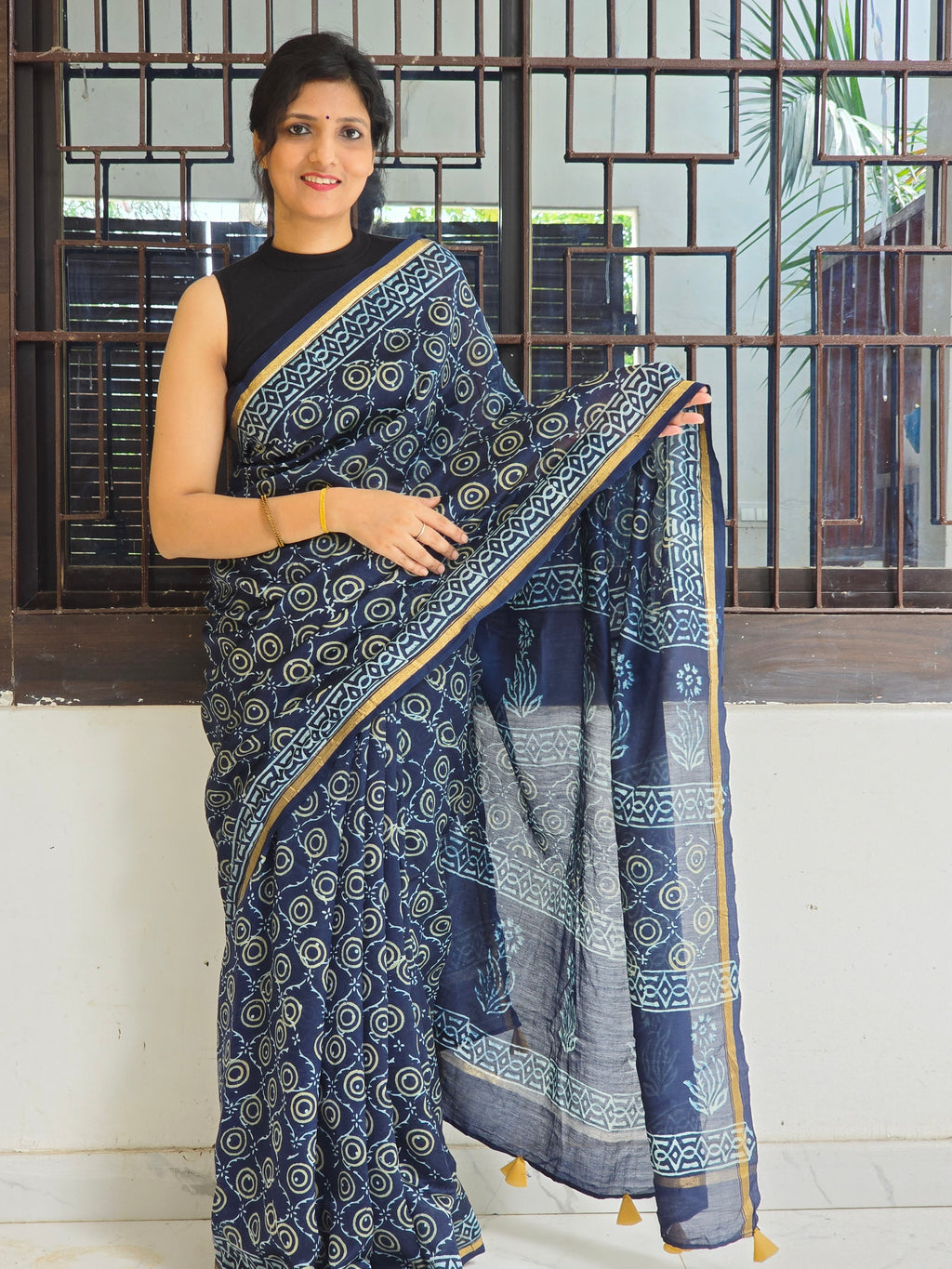 Neelam Chhap - Handblock Printed Chanderi Silk Cotton Saree