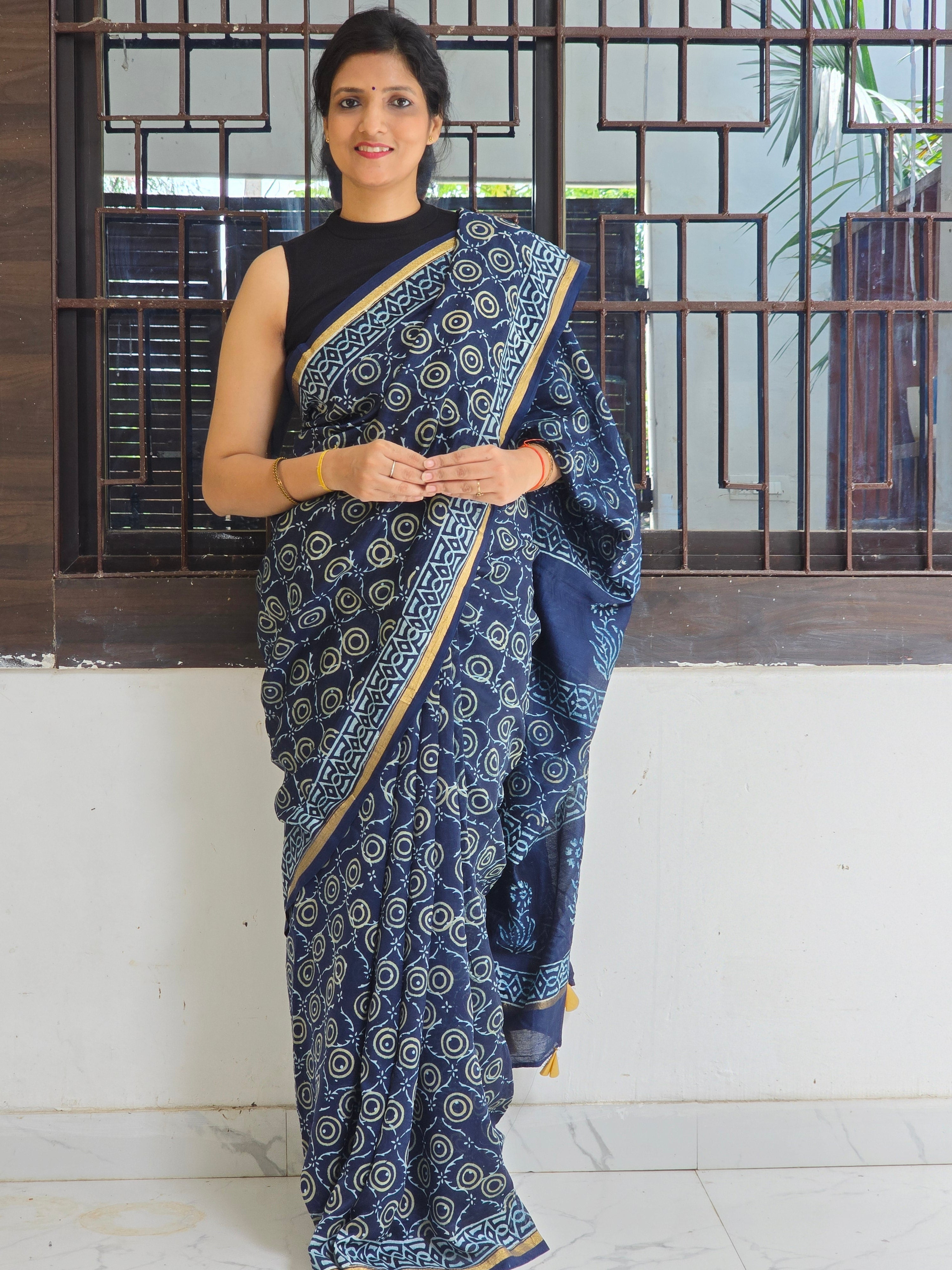 Neelam Chhap - Handblock Printed Chanderi Silk Cotton Saree