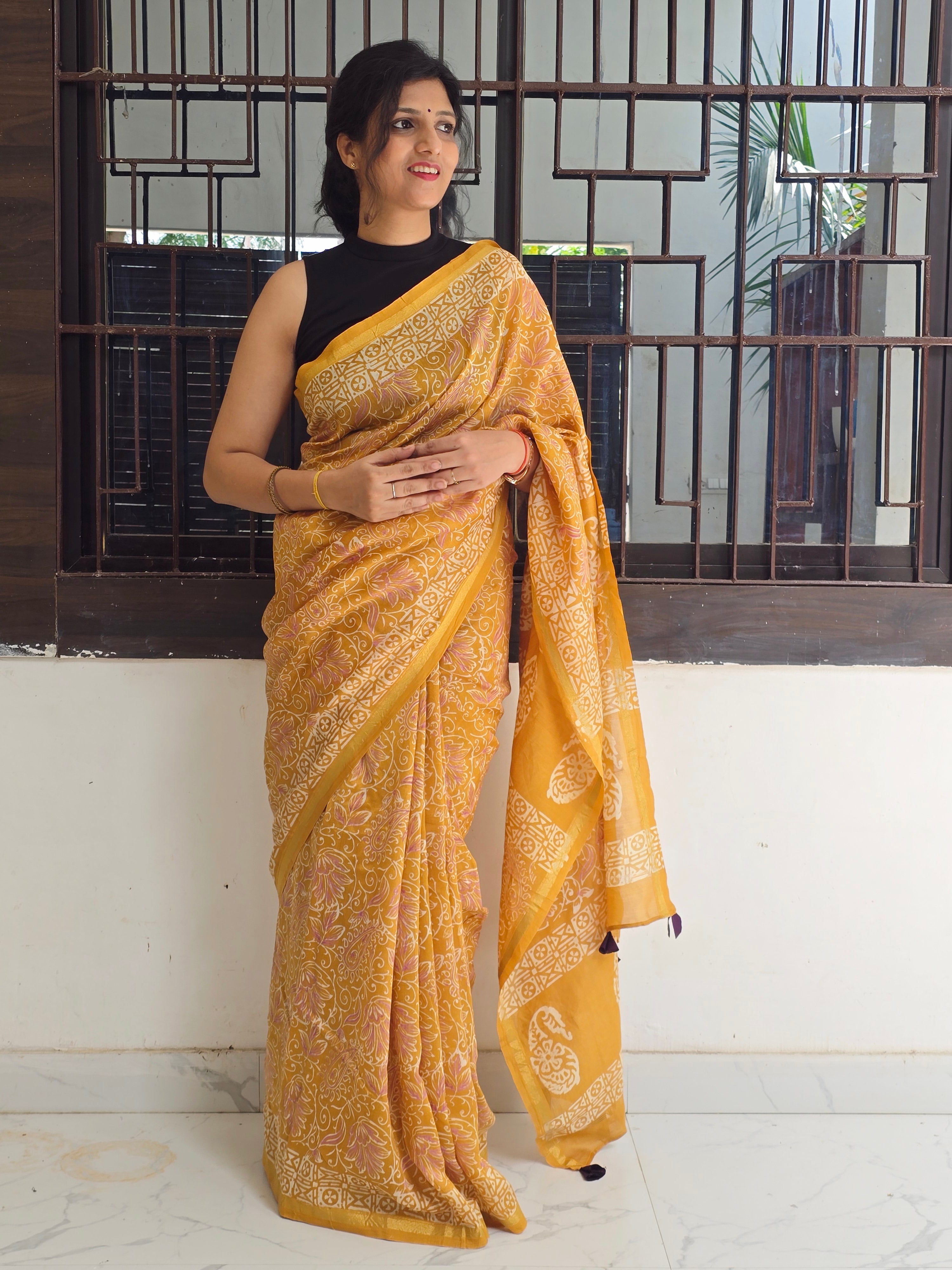 Peeli Chhap - Handblock Printed Chanderi Silk Cotton Saree