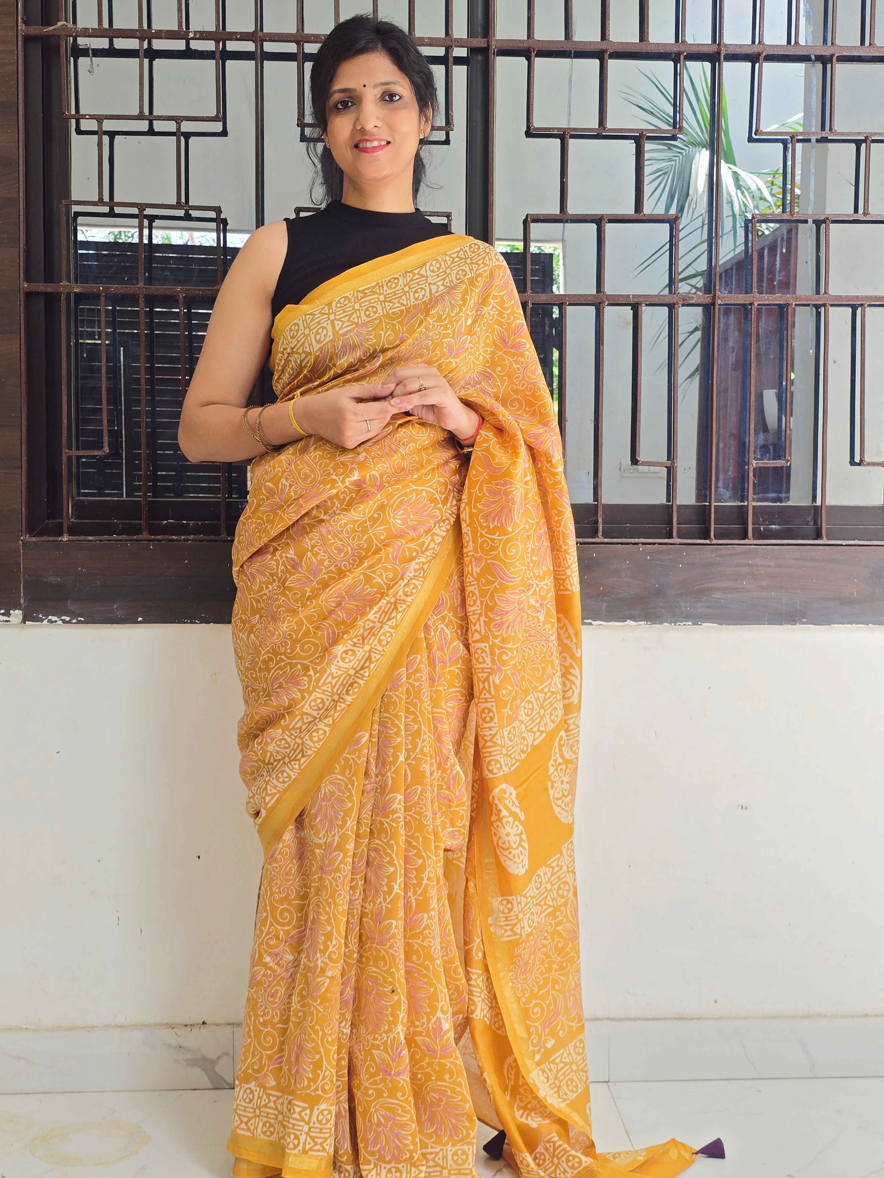 Peeli Chhap - Handblock Printed Chanderi Silk Cotton Saree