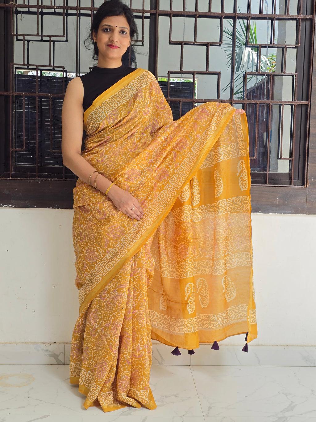Peeli Chhap - Handblock Printed Chanderi Silk Cotton Saree