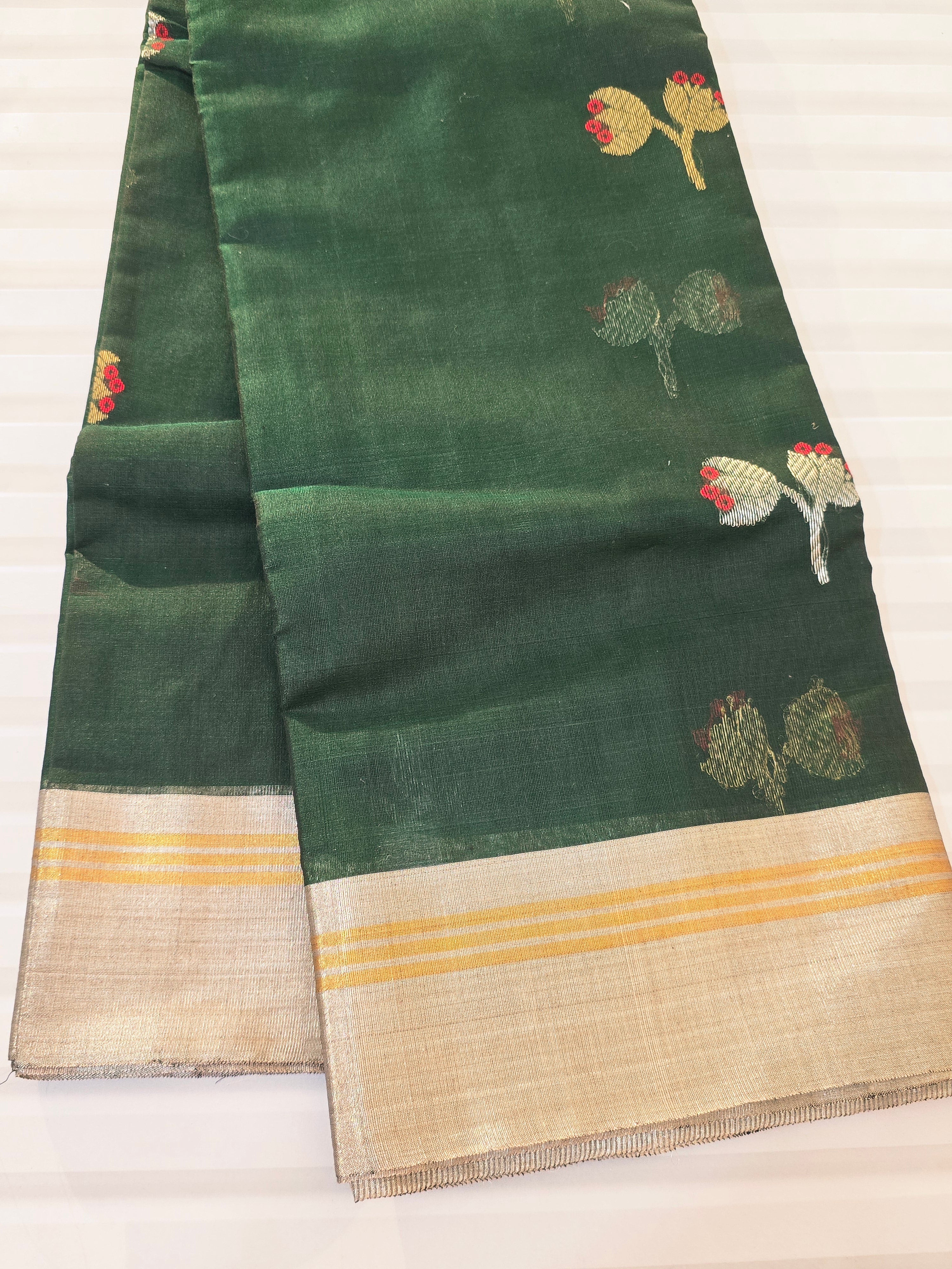 Kusum Mangal – Pure Handwoven Chanderi Silk Cotton Saree | Bottle Green