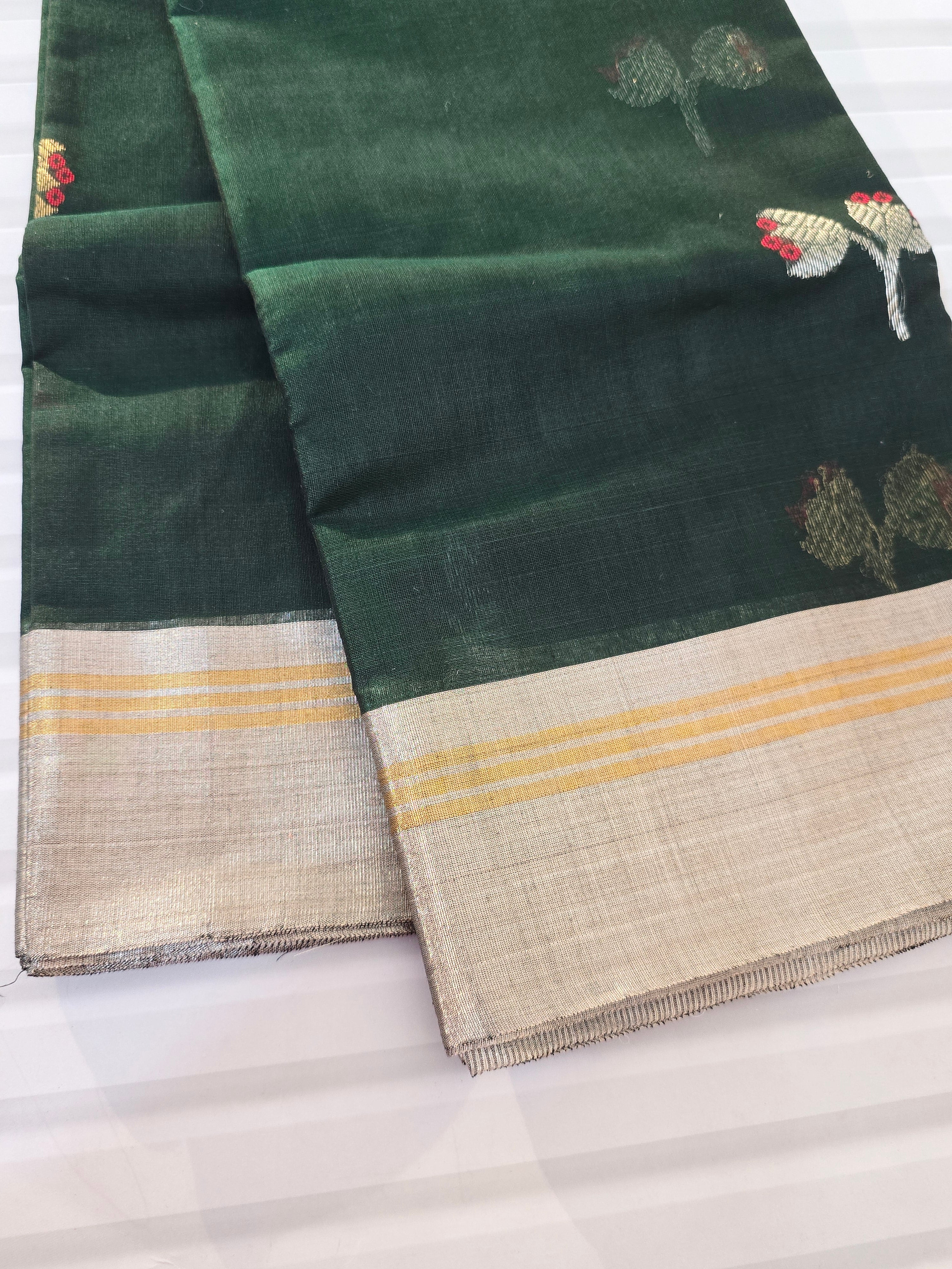 Kusum Mangal – Pure Handwoven Chanderi Silk Cotton Saree | Bottle Green