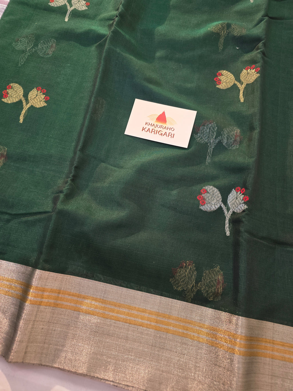 Kusum Mangal – Pure Handwoven Chanderi Silk Cotton Saree | Bottle Green