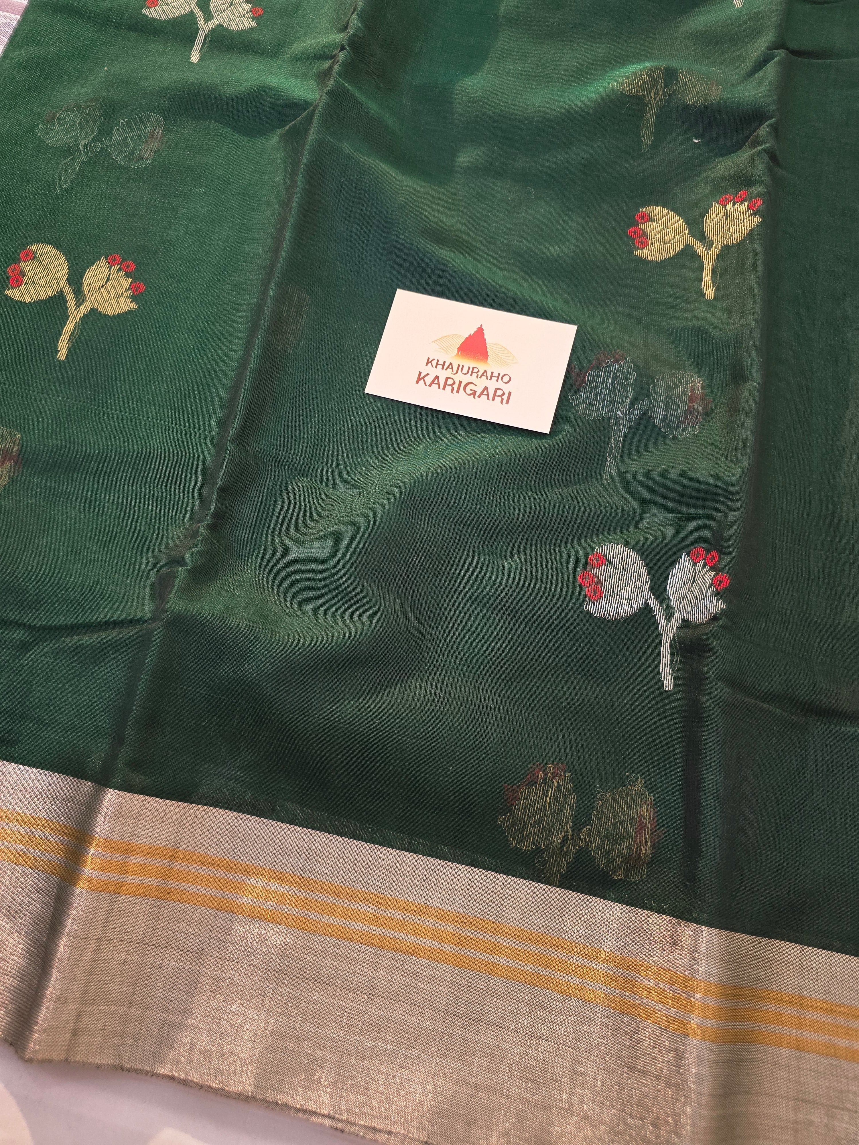 Kusum Mangal – Pure Handwoven Chanderi Silk Cotton Saree | Bottle Green