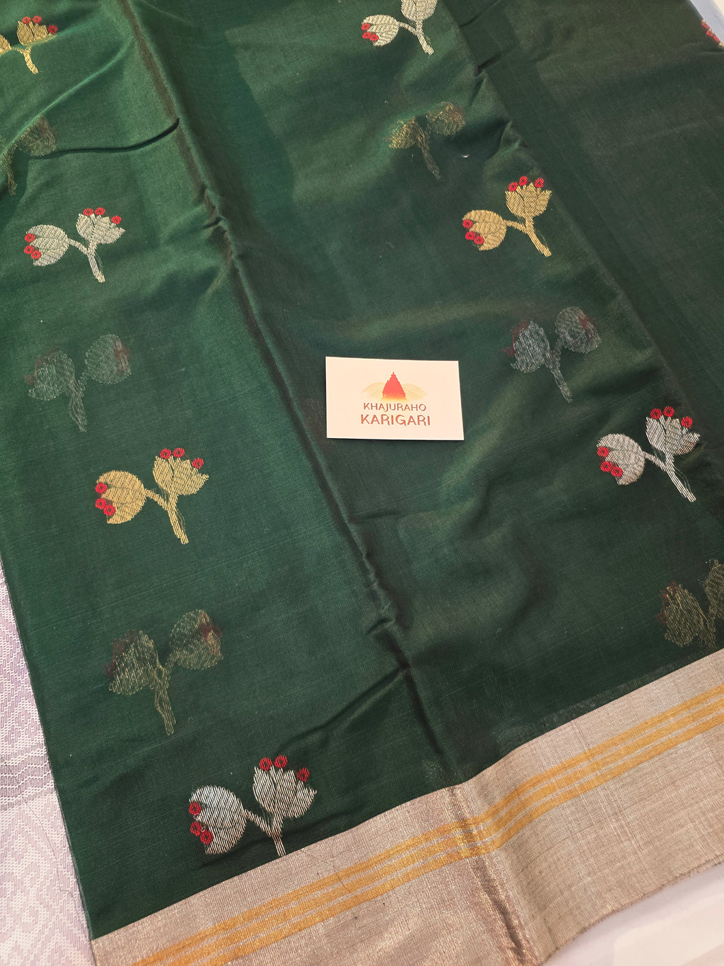 Kusum Mangal – Pure Handwoven Chanderi Silk Cotton Saree | Bottle Green