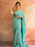 Handcrafted Ujjain Batik Dola Silk Saree | Aqua Blue
