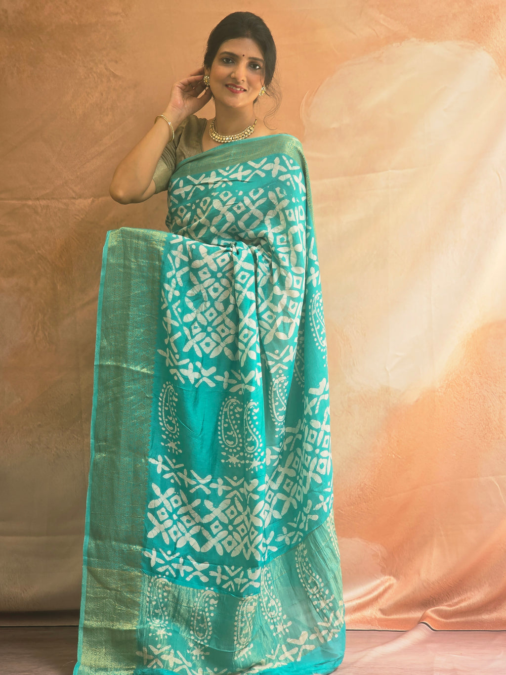 Handcrafted Ujjain Batik Dola Silk Saree | Aqua Blue