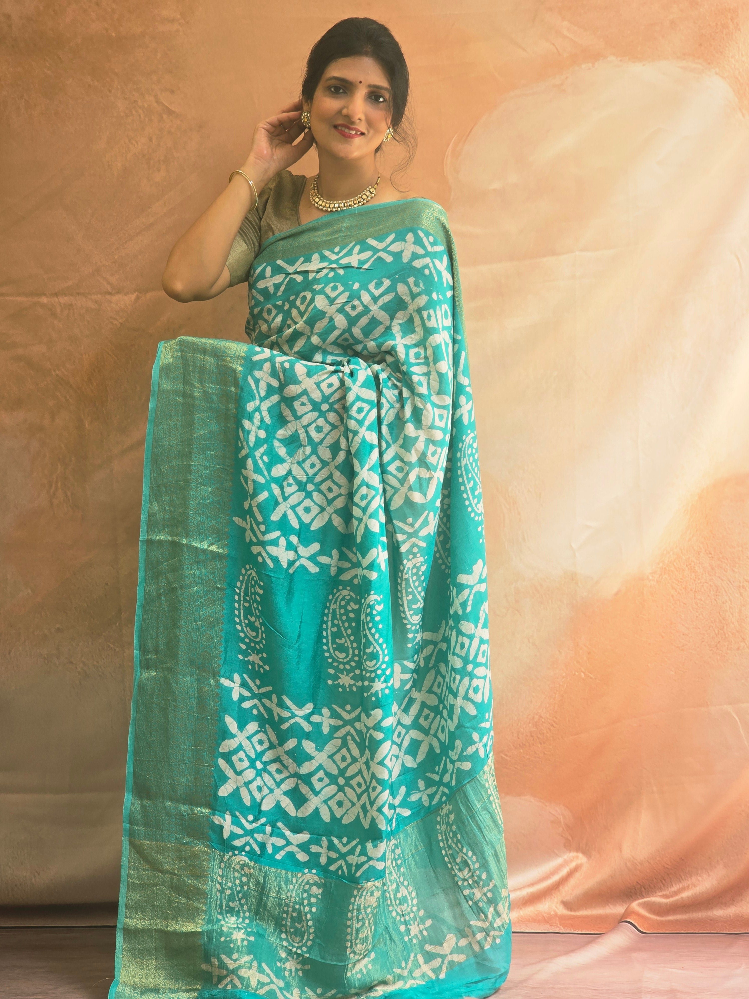 Handcrafted Ujjain Batik Dola Silk Saree | Aqua Blue