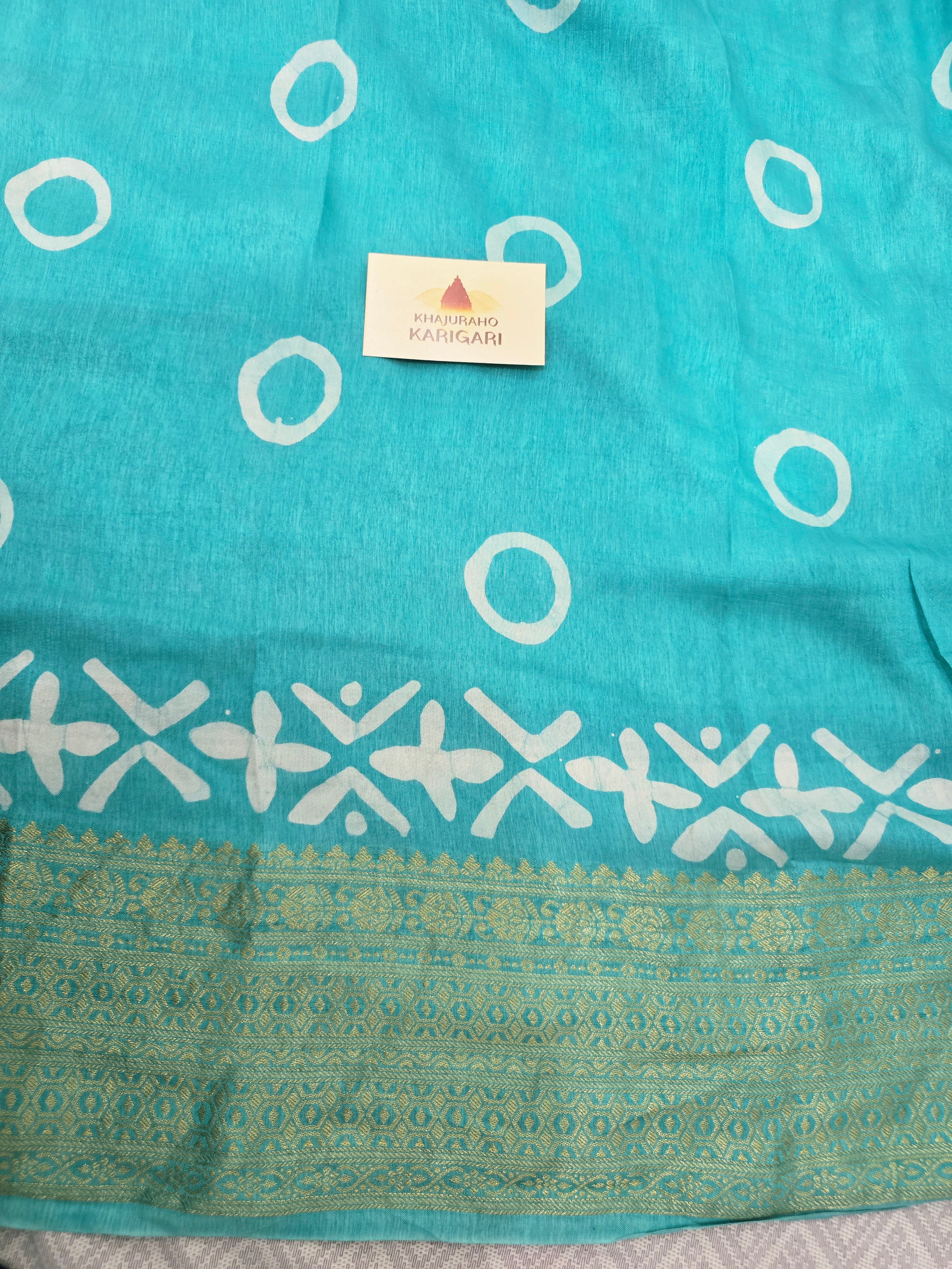 Handcrafted Ujjain Batik Dola Silk Saree | Aqua Blue