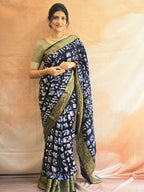 Handcrafted Ujjain Batik Dola Silk Saree | Navy Blue