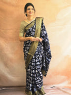 Handcrafted Ujjain Batik Dola Silk Saree | Navy Blue